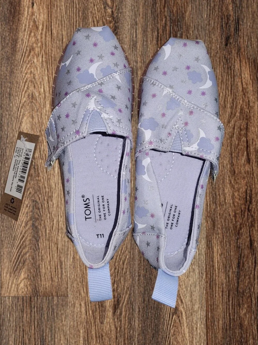 TOMS Kids Slip-On Shoes in Light Lavender with Star & Cloud Print Size Kid 11